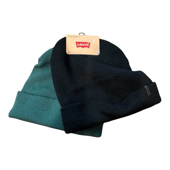 Levi’s 2 Pack Beanie Set Black/Green Hat Winter Ski New With Tags - Picture 1 of 5